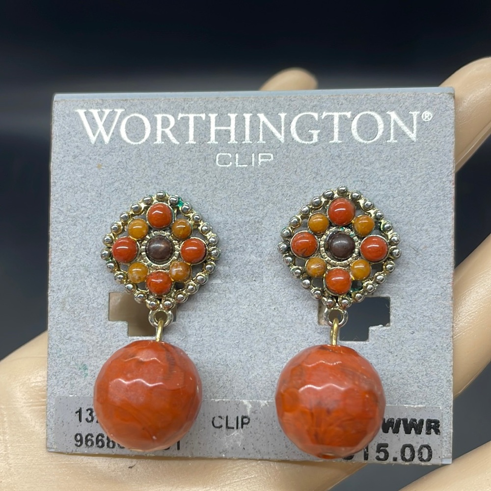 NWT Vintage 90’s Worthington Amber stone dangle ball Clip On Earrings